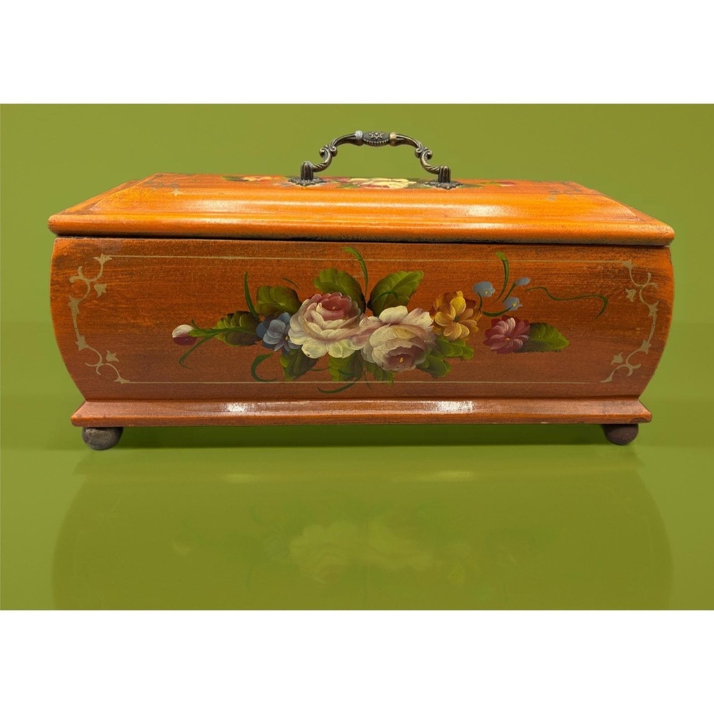 Vtg Hand Painted Wooden Box Floral‎ Design w/ Lid Storage Decorative